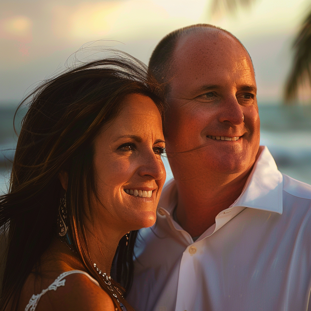 Close-up of a happy couple smiling on the beach | Source: Midjourney