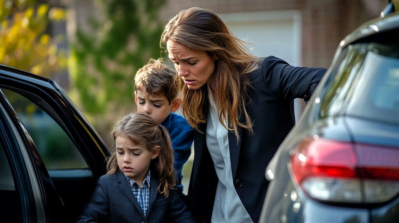 Mom with two kids are in a hurry near the car | Source: Midjourney