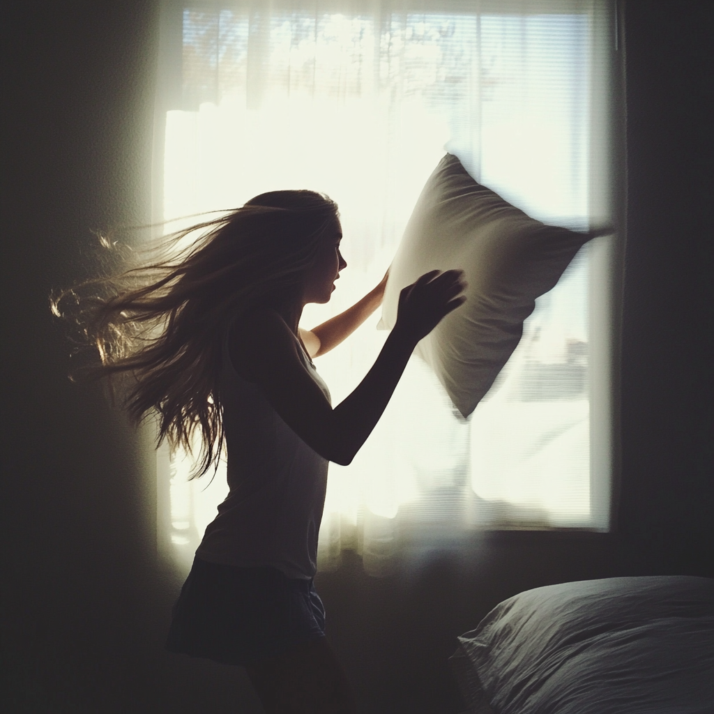 A teenage girl throwing a pillow | Source: Midjourney