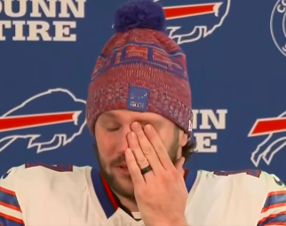 Josh Allen wiping away tears as he answers questions from reporters after the Buffalo Bills and Denver Broncos game during the AFC Divisional Playoffs, posted on January 18, 2026. | Source: Instagram/sportscenter