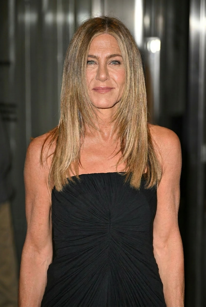 Aniston poses in a black strapless dress. This digitally generated image portrays the actress at a contemporary red carpet event. | Source: Gemini