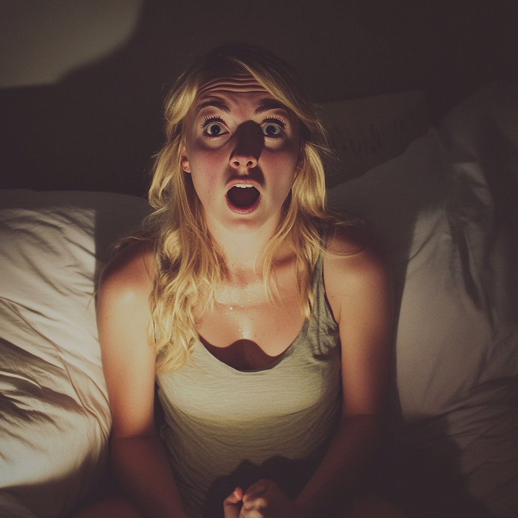 A shocked woman sitting in bed | Source: Midjourney