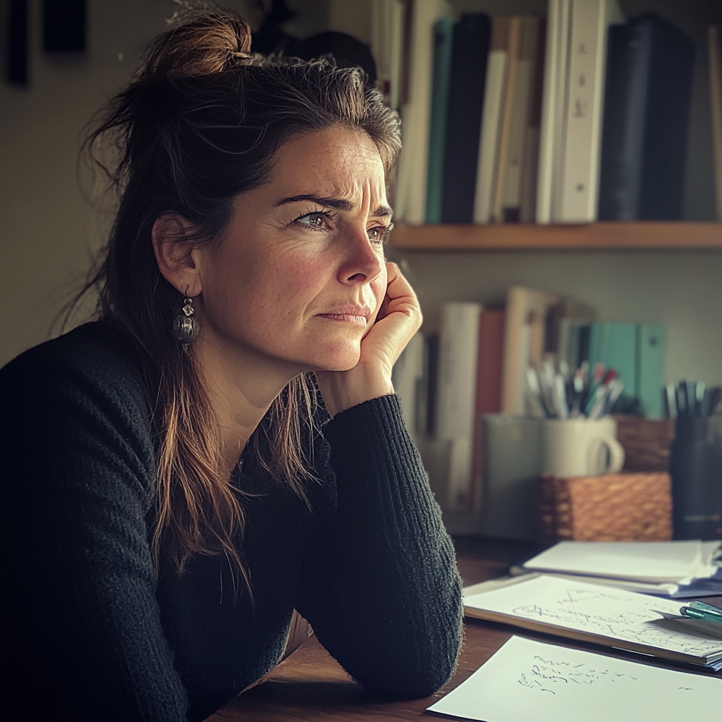 An upset woman sitting at a desk | Source: Midjourney