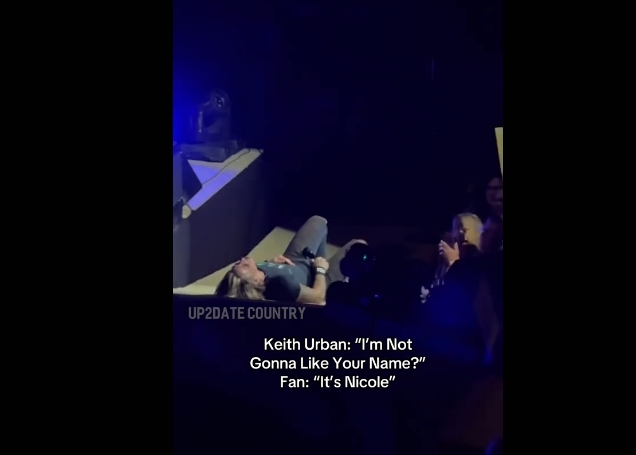 Keith Urban reacting to a fan revealing her name during his recent concert from a post dated October 18, 2025. | Source: TikTok/up2datecountry.live
