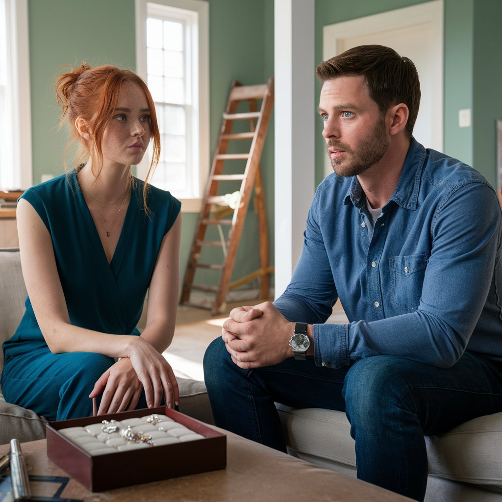 A couple conversing, a box of jewelry on a table in front of them | Source: Midjourney