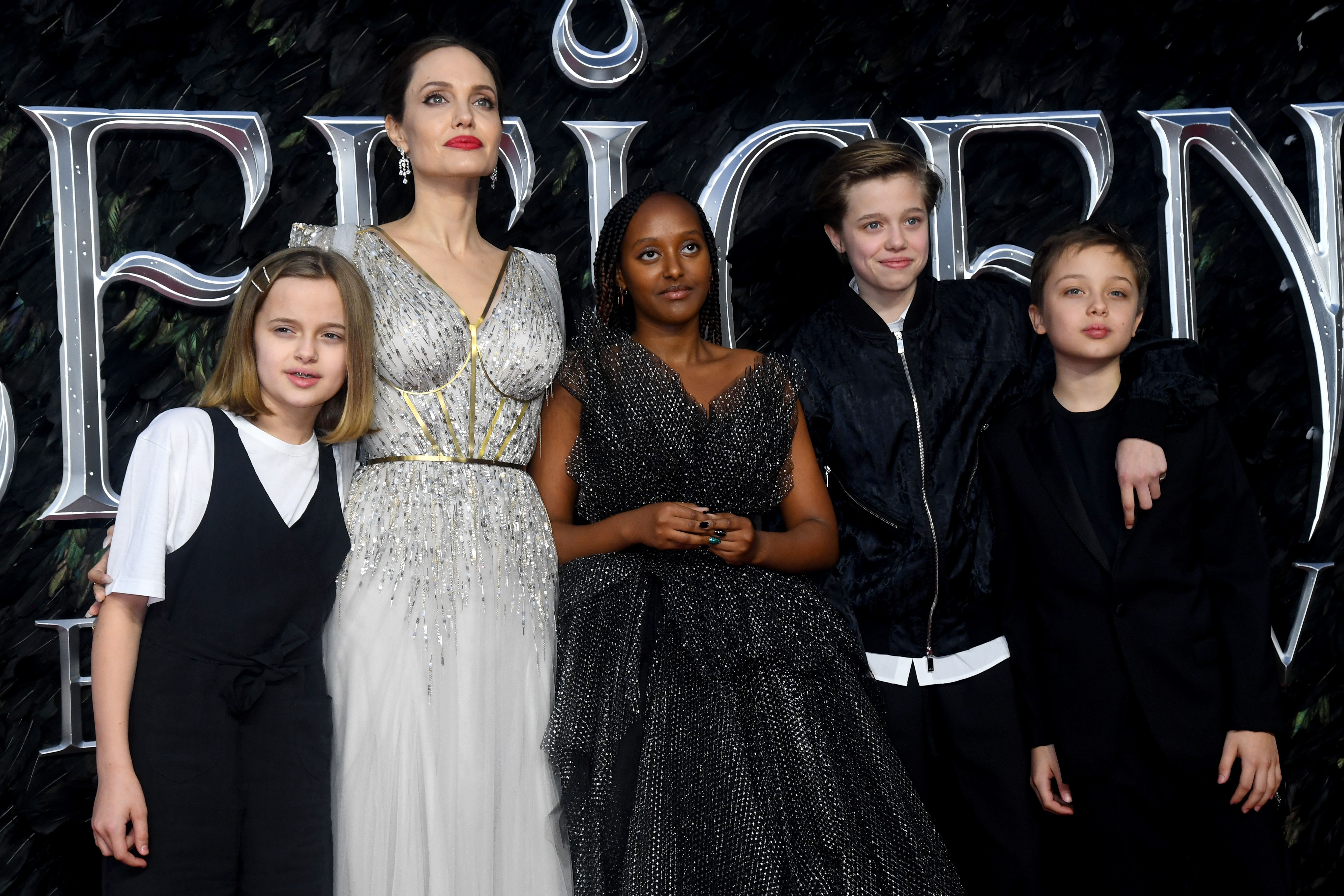 Angelina Jolie with her kids at the European premiere of "Maleficent: Mistress of Evil" at Odeon IMAX Waterloo on October 09, 2019. | Photo: Getty Images
