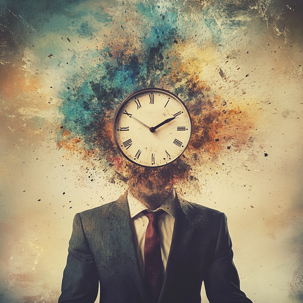 An abstract image of a clock where a person's head should be | Source: Midjourney