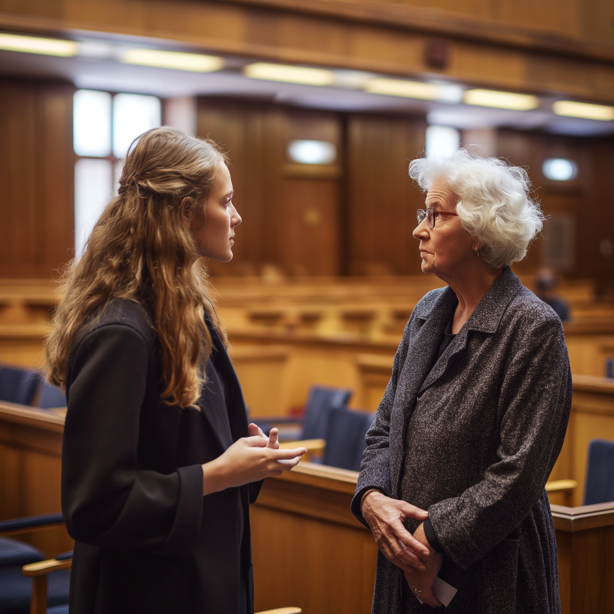 A female lawyer talking to her senior mother in an empty courtroom | Source: Midjourney