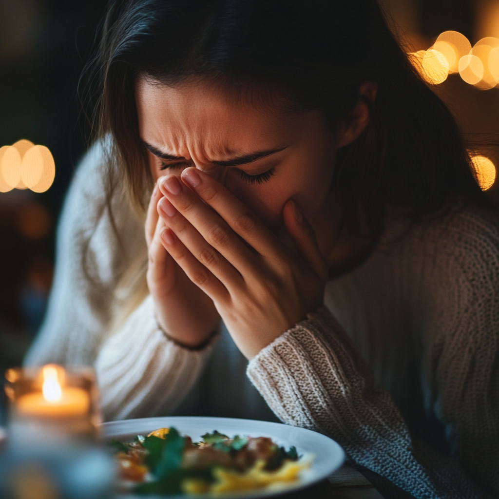 A woman coughing at the dinner table | Source: Midjourney