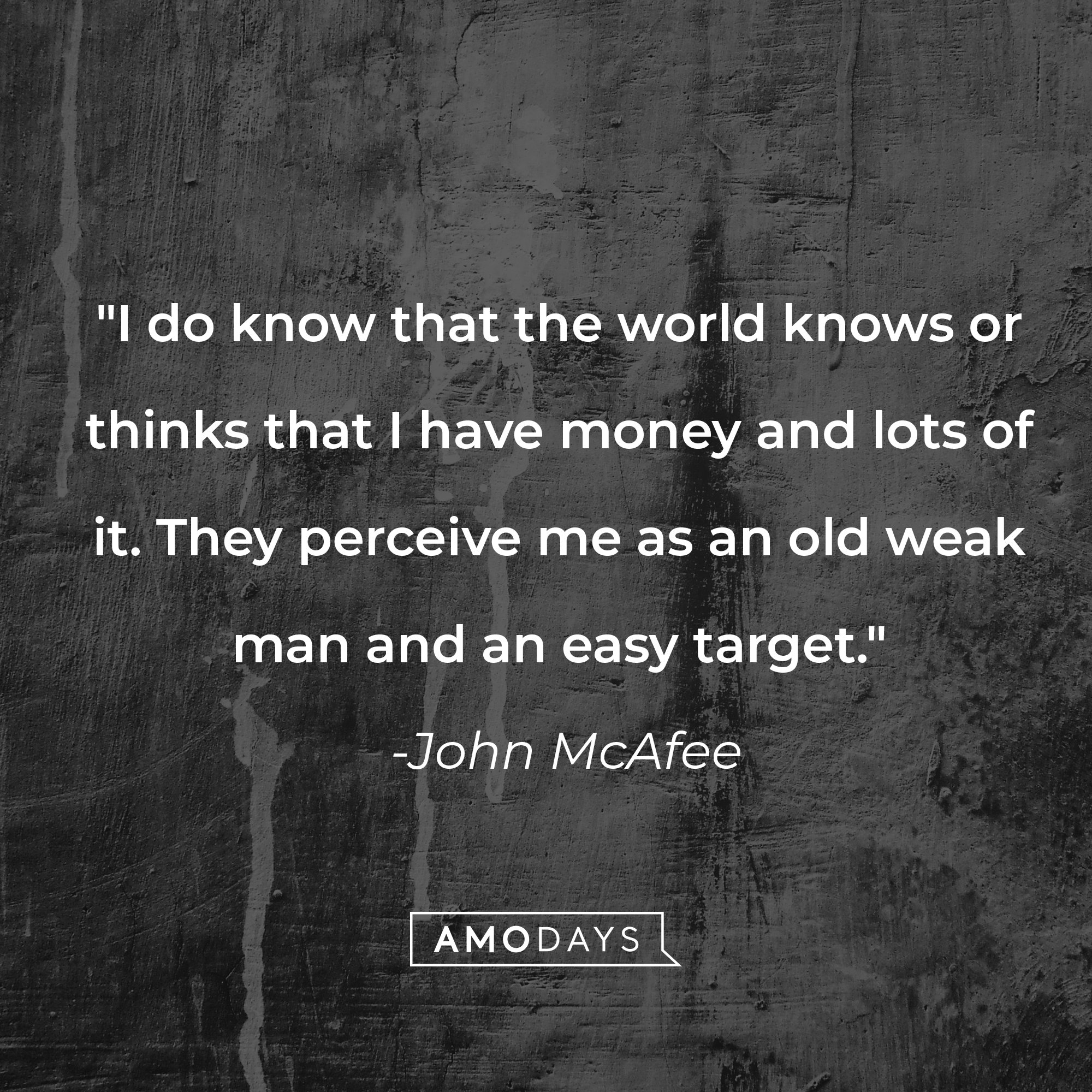 John McAfee's quote: "I do know that the world knows or thinks that I have money and lots of it. They perceive me as an old weak man and an easy target." | Image: AmoDays