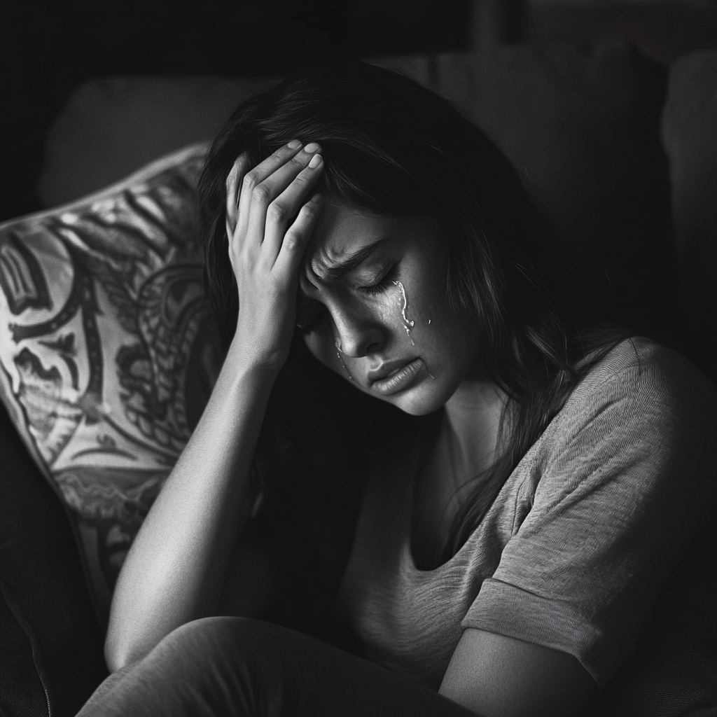 Young lady crying on the couch | Source: Midjourney