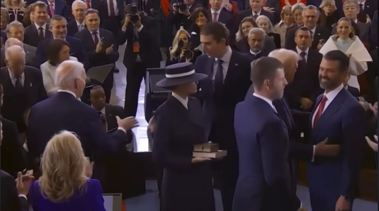Barron Trump approaches Joe Biden for a handshake during the inauguration of President Donald Trump in January 2025 | Source: YouTube/@nypost