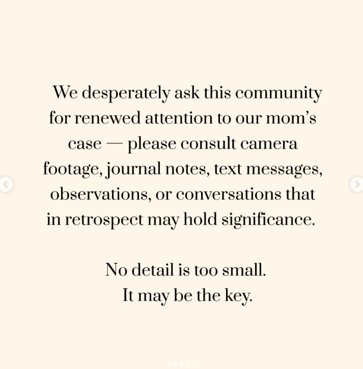 The family urges the public to review records and share any possible clues | Source: Instagram/savannahguthrie