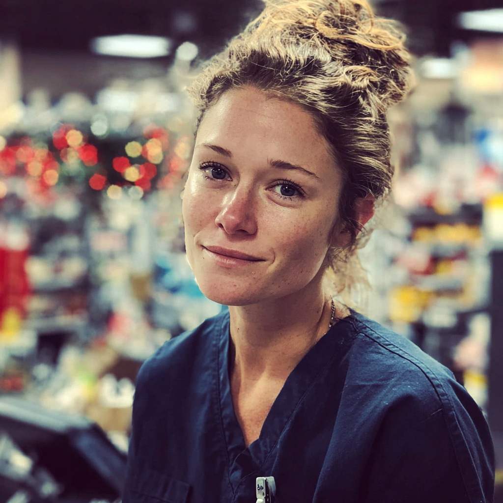A smiling woman standing at a checkout counter | Source: Midjourney
