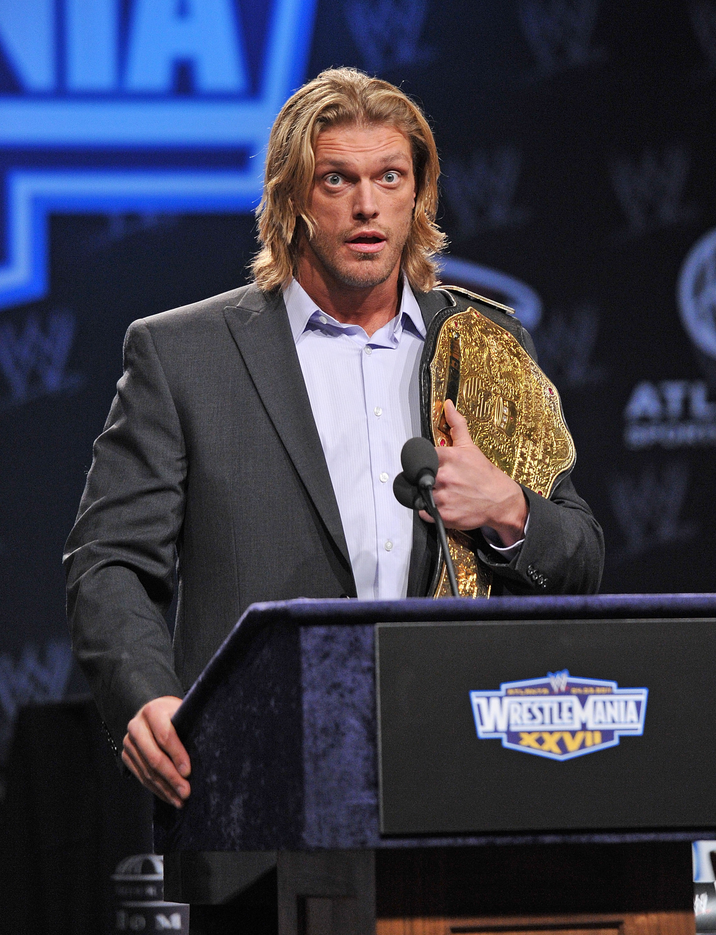 Edge at the WrestleMania XXVII press conference on March 30, 2011, in New York City. | Source: Getty Images