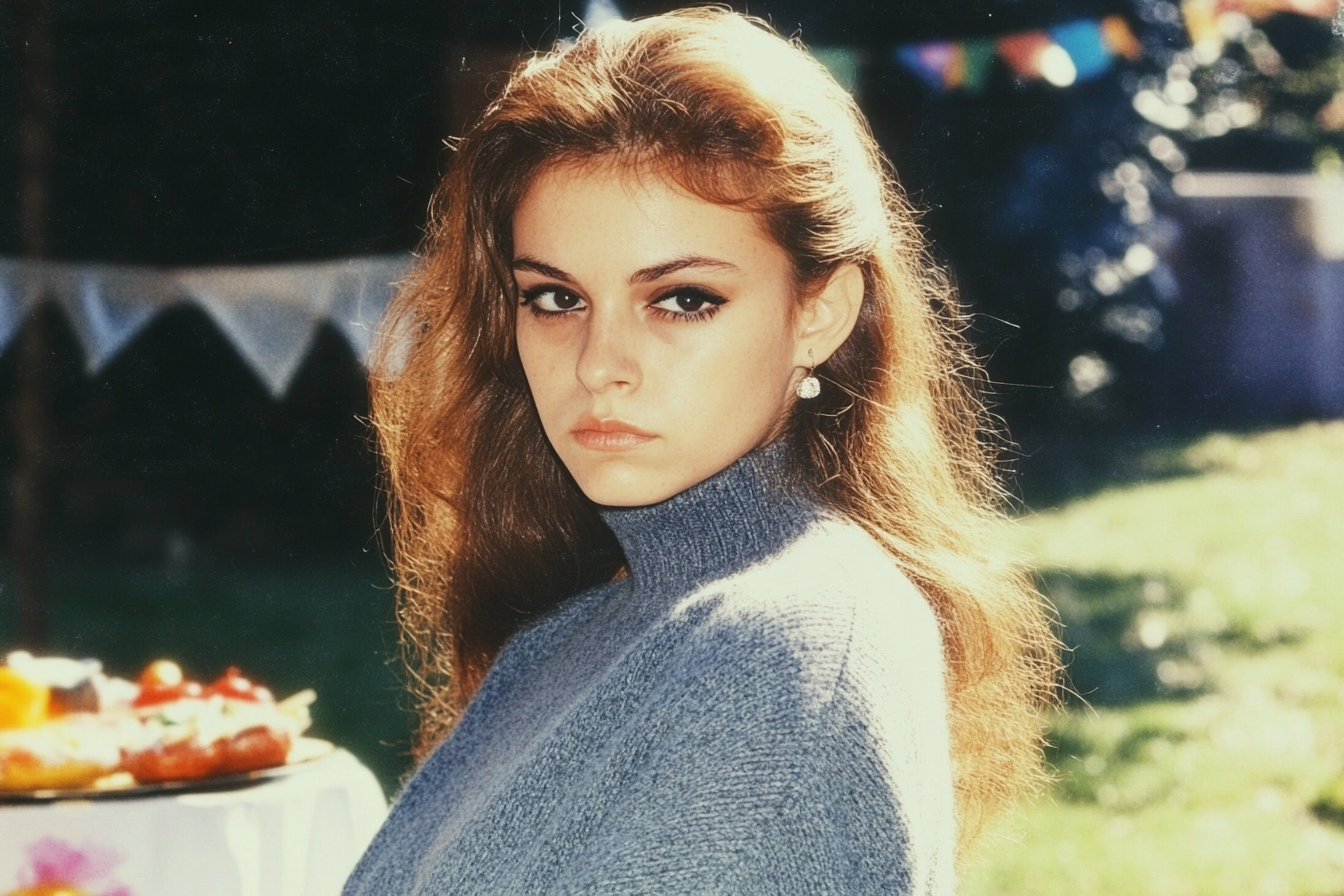 A woman with a sweater at an outdoor birthday party | Source: Midjourney