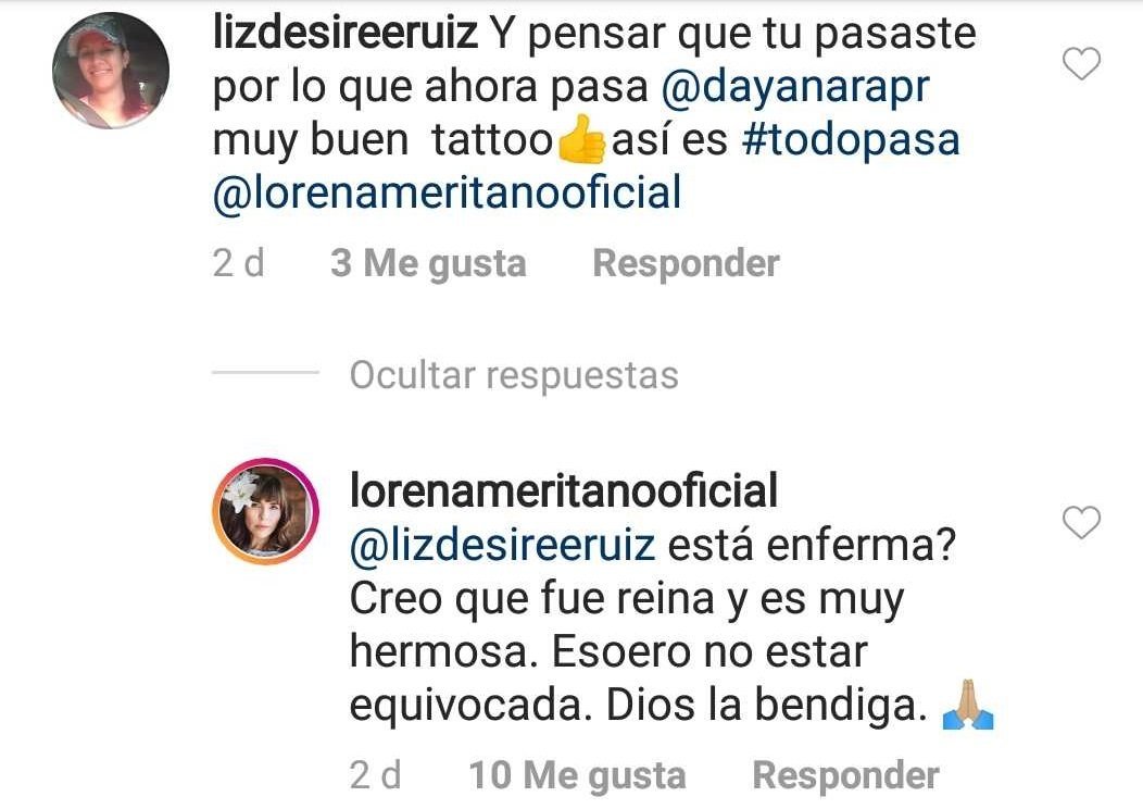 Lorena respondiéndole a un fan, preguntándole detalles sobre Torres. | Imagen: Instagram/ lorenameritanooficial Lorena respondiéndole a un fan, preguntándole detalles sobre Torres. | Imagen: Instagram/ lorenameritanooficial