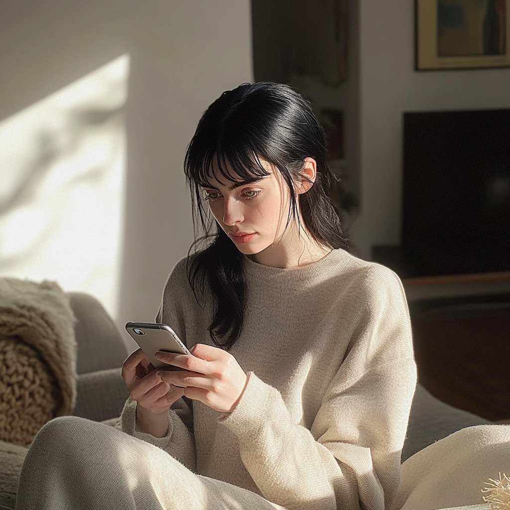 A woman sitting on a couch and texting | Source: Midjourney