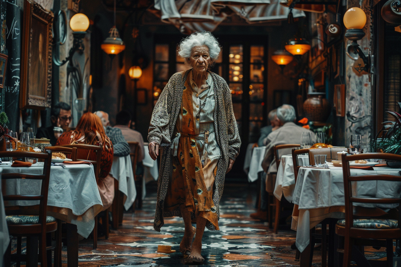 Barefoot old woman in a restaurant | Source: Midjourney