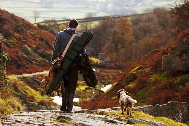 Hombre sosteniendo equipo de caza junto a un perro. |Imagen: Pixabay