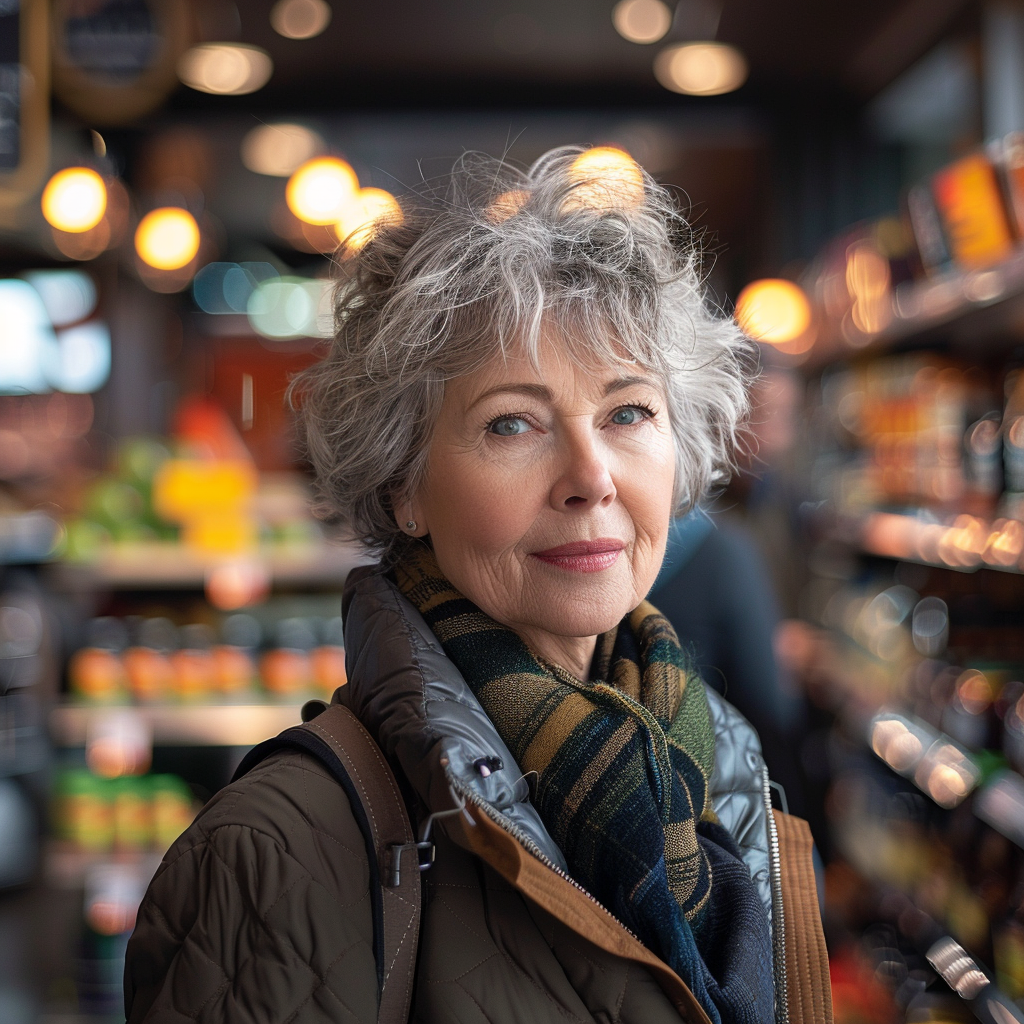 A senior woman standing in a grocery store looking at someone | Source: Midjourney