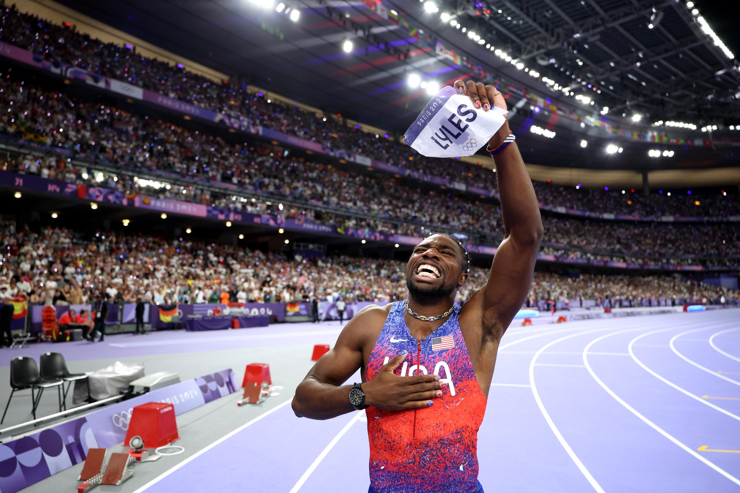 Noah Lyles celebrating winning the Men's 100-meter Final of the Olympic Games Paris 2024 on August 4, in France. | Source: Getty Images