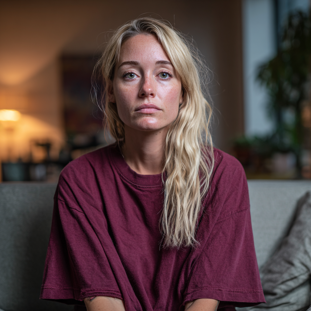 A woman wearing a maroon t-shirt | Source: Midjourney