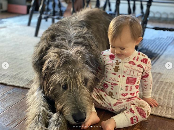 Baloo lying next to one of Kylie Kelce's daughters, highlighting their sweet bond, posted on March 22, 2025 | Source: Instagram/kykelce