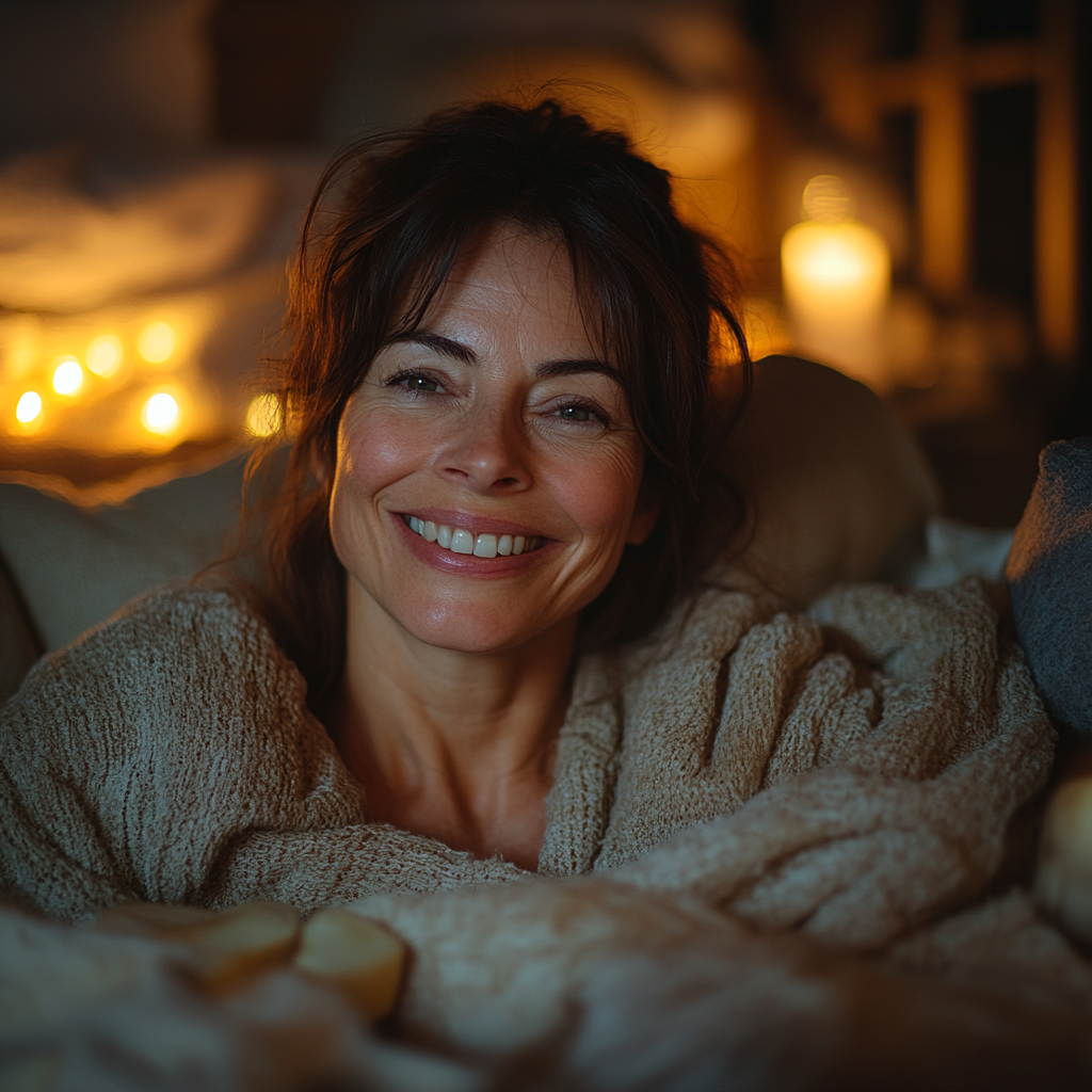 A laughing woman in her bed | Source: Midjourney