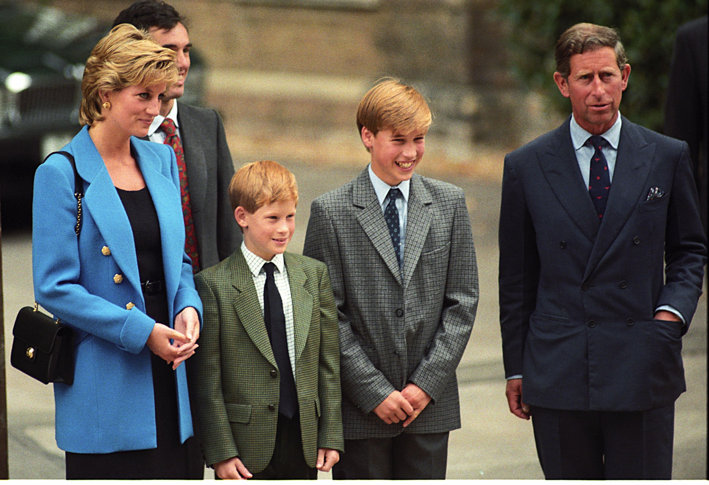 Princess Diana, Prince Harry, Prince William, Prince Charles at Prince William's first day at Eton on September 6, 1995 in England. / Source: Getty Images