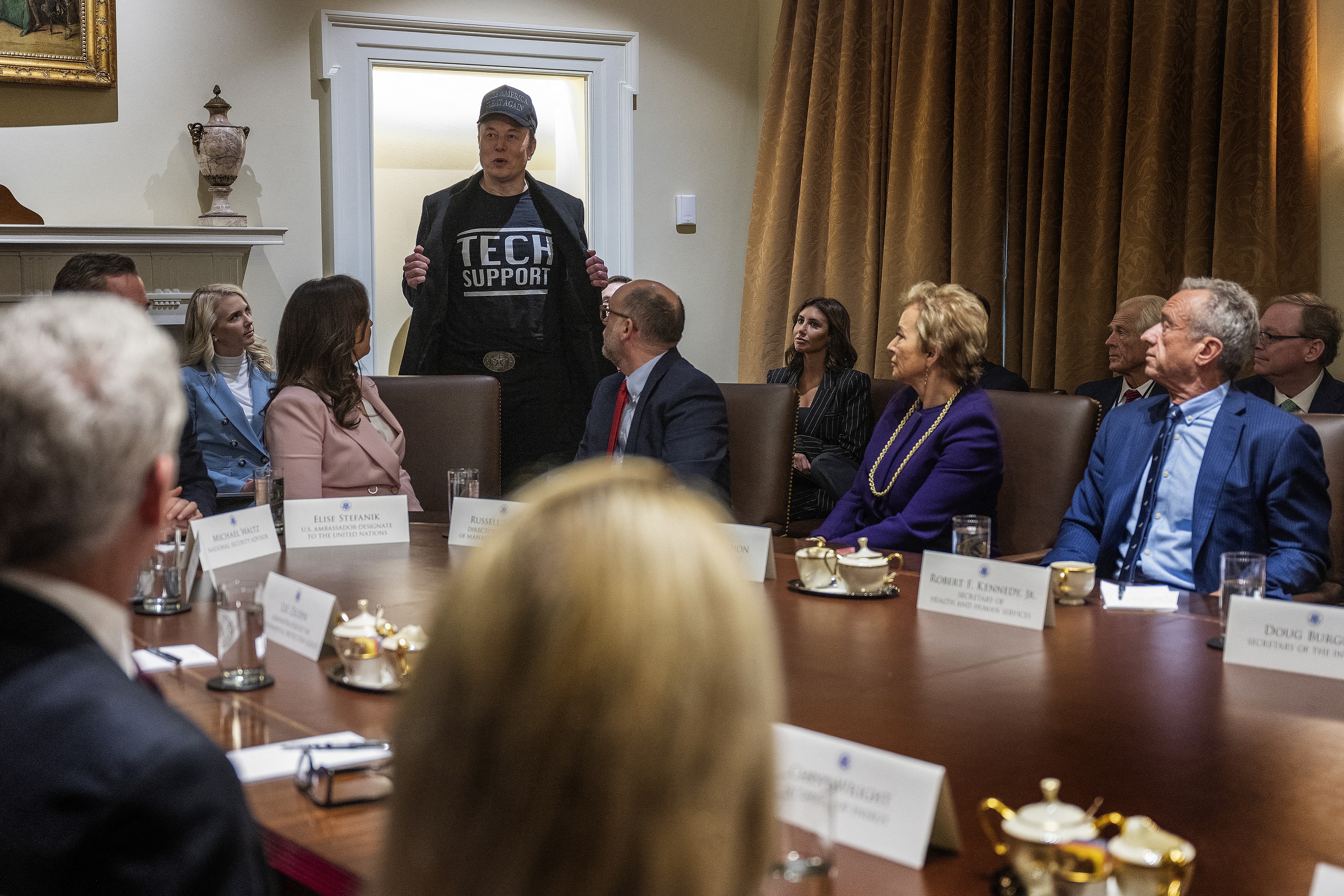 Elon Musk wears a "Tech Support" shirt during a cabinet meeting at the White House in Washington, DC, on February 26, 2025 | Source: Getty Images