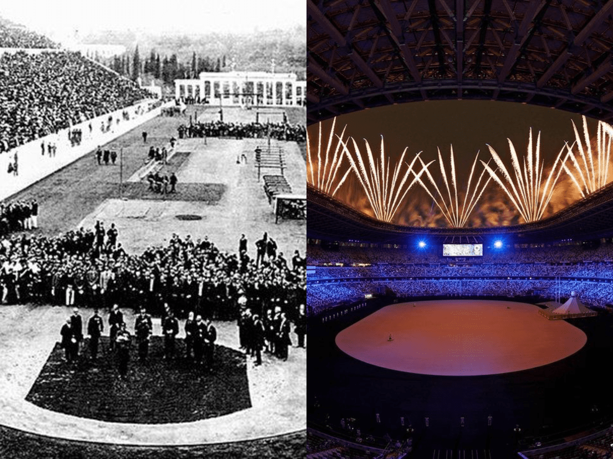 Photo of 1896 Olympics opening ceremony held in Greece vs. Tokyo 2020 Olympics opening ceremony. | Source: Wikimedia Commons, Instagram/olympics 