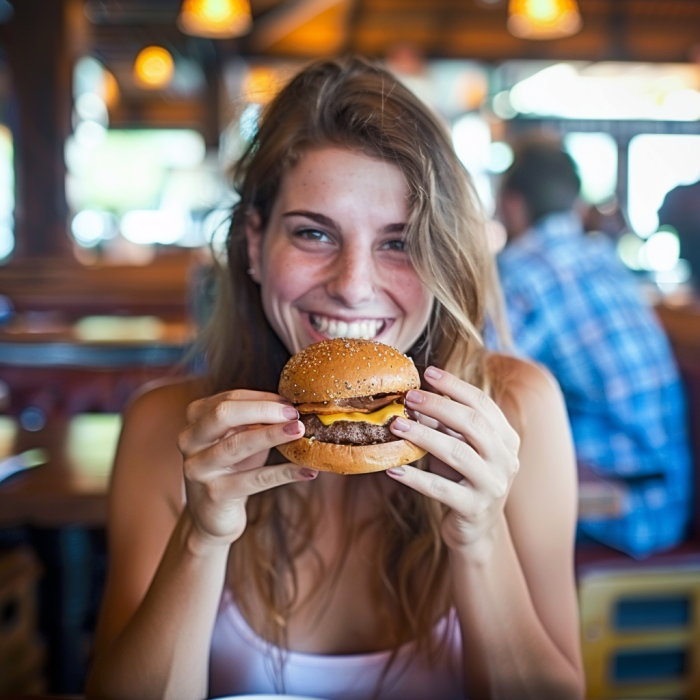A woman holding a burger in a restaurant | Source: Midjourney