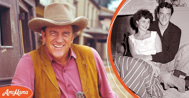 American actor James Arness, in costume as U. S. Marshal Matt Dillon on the set of the American television series 'Gunsmoke,' 1967. [left], Virginia Arness and James Arness at home on July 23, 1955. [right] | Source: Getty Images