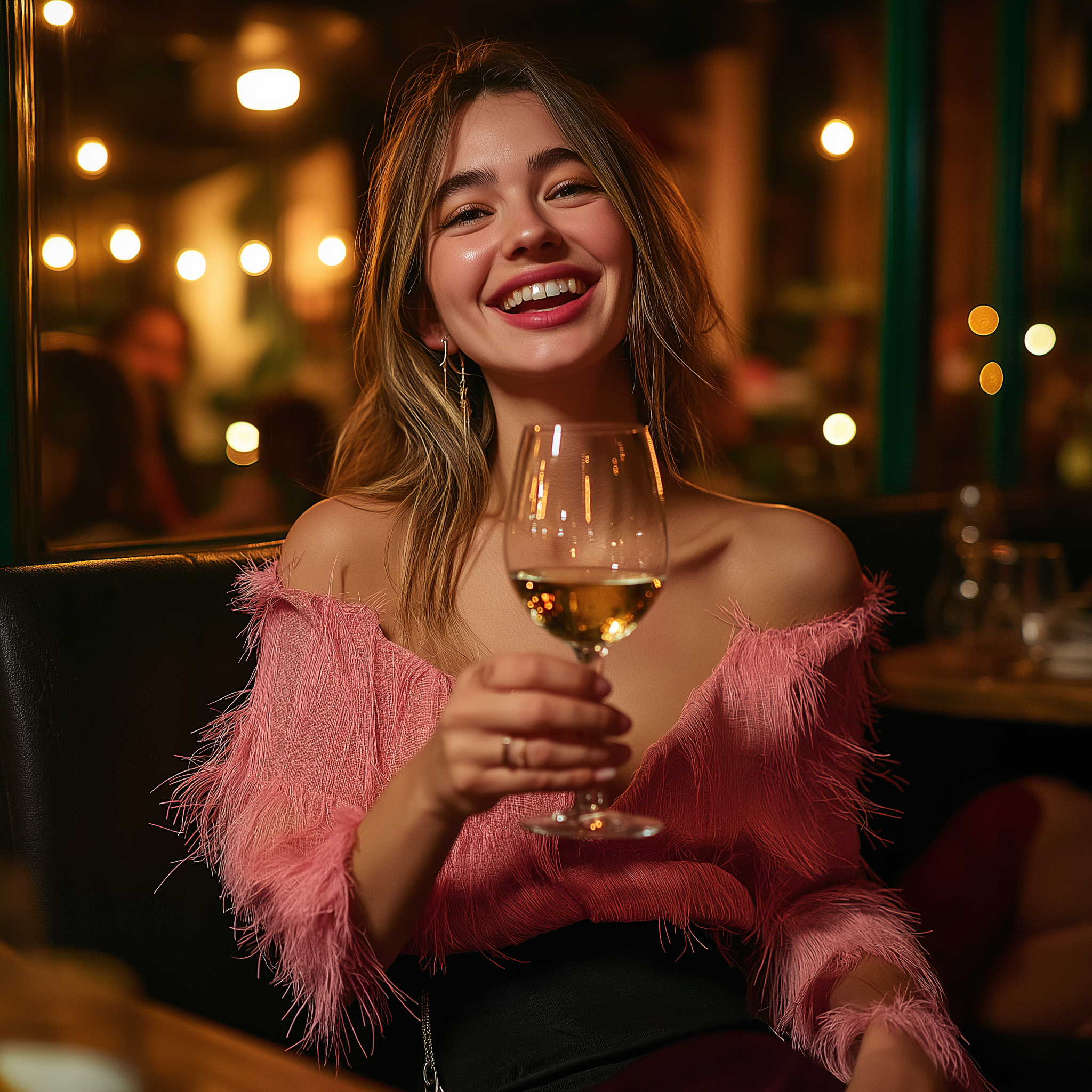 A woman holding a wine glass and laughing | Source: Midjourney