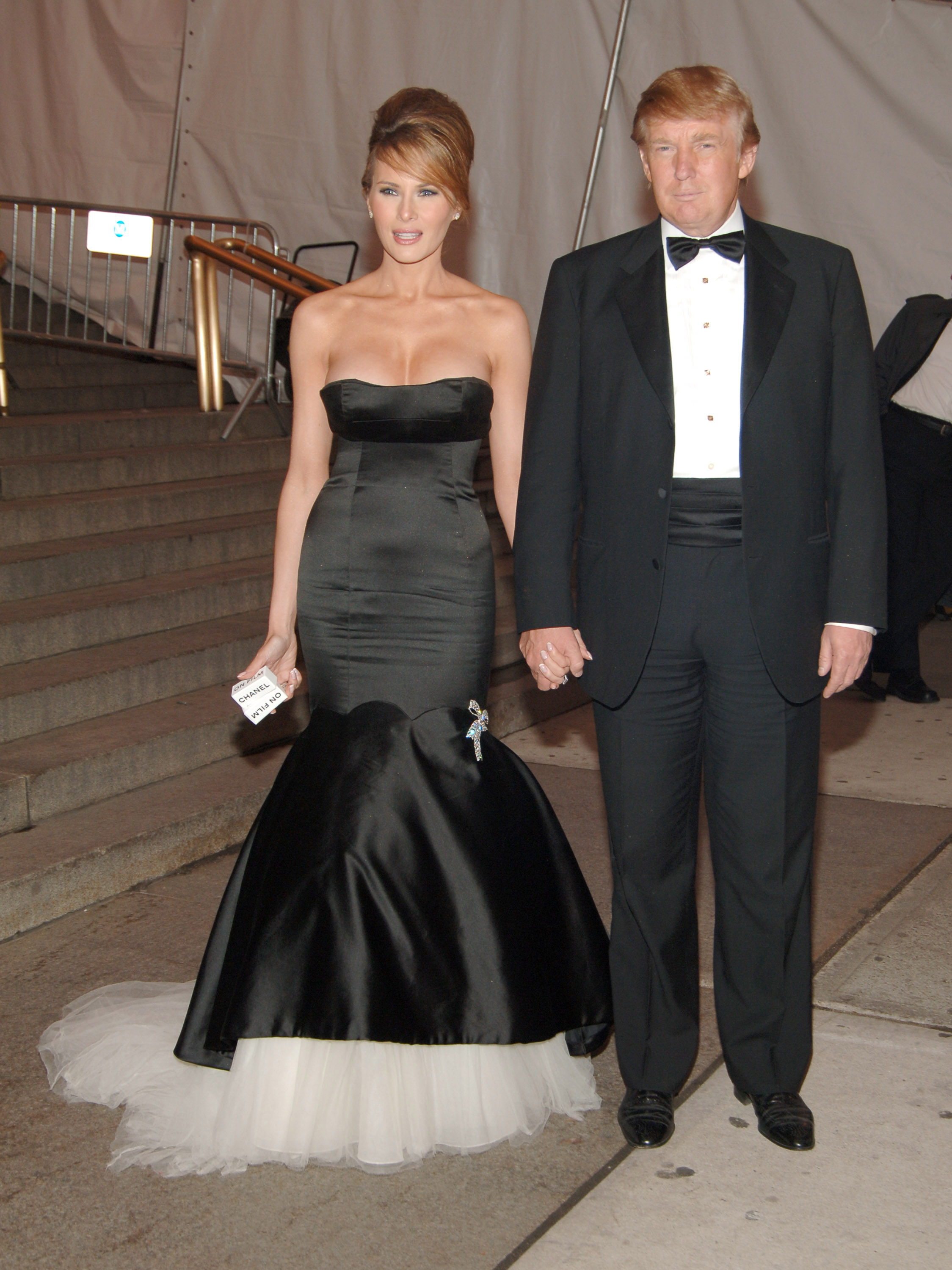 Melania matched Donald’s black tux at the "Chanel" Costume Institute Gala Opening at the Metropolitan Museum of Art on May 2, 2005. Her plunging black gown with a white tulle hem perfectly complemented his classic look.