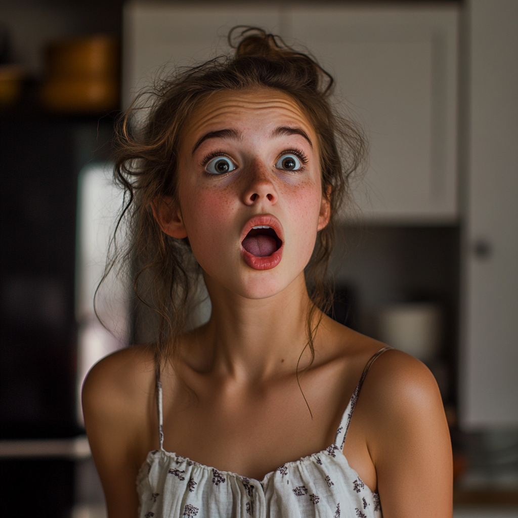 A shocked girl in her kitchen | Source: Midjourney