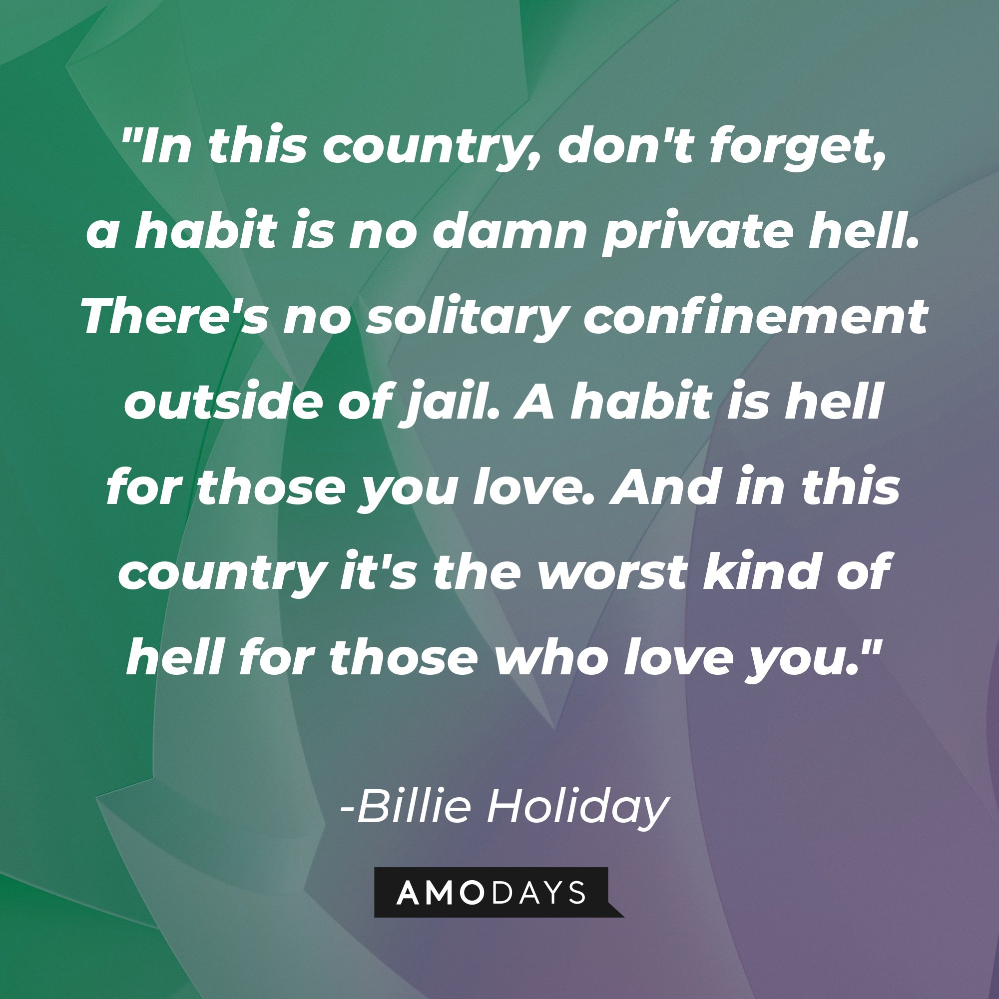 Billie Holiday's quote "In this country, don't forget, a habit is no damn private hell. There's no solitary confinement outside of jail. A habit is hell for those you love. And in this country it's the worst kind of hell for those who love you." | Source: Unsplash.com