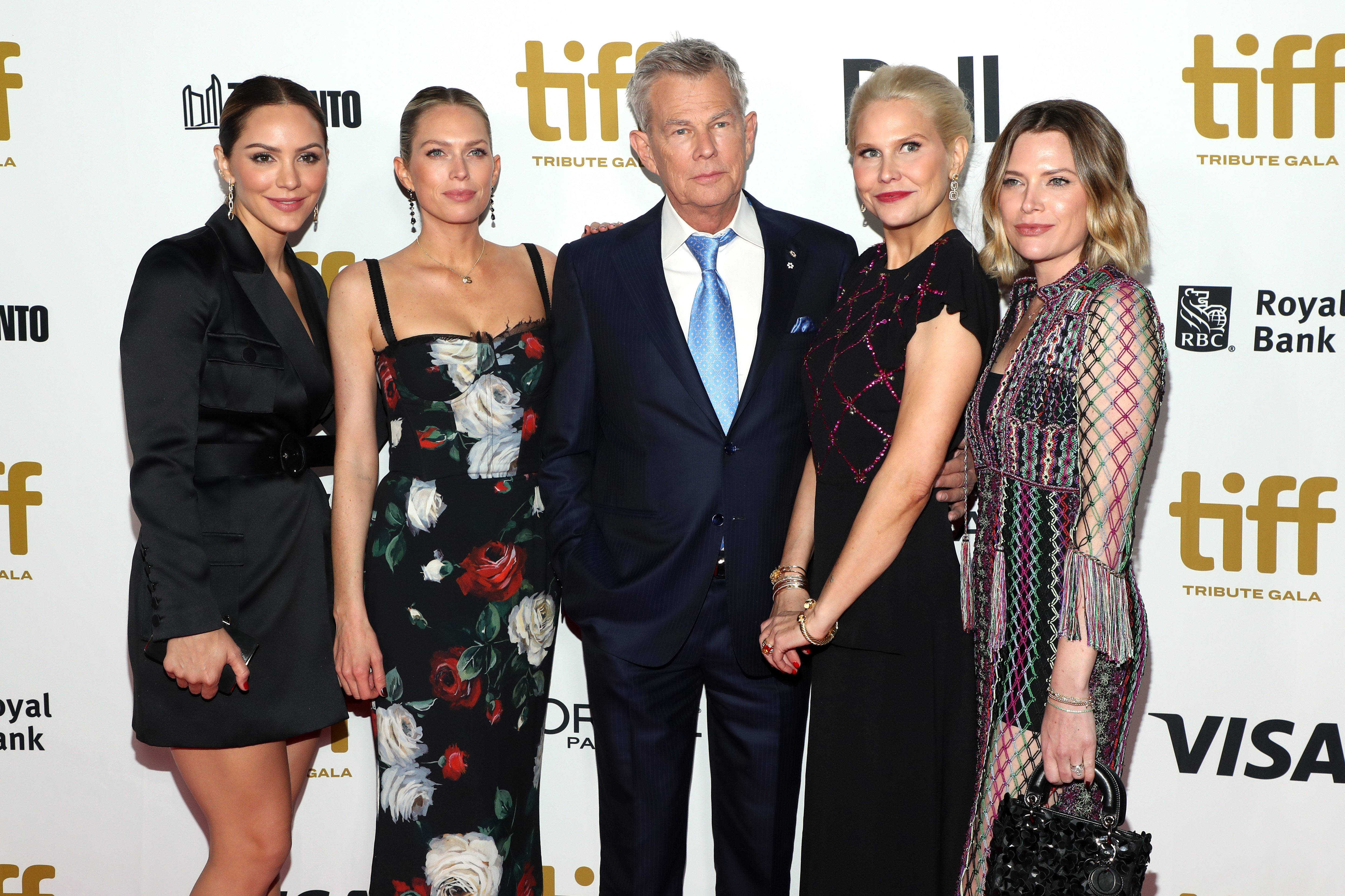 Amy Foster, Erin Foster, David Foster, Katherine McPhee, and Jordan Foster pose on the red carpet at the "David Foster: Off The Record" premiere during the 2019 Toronto International Film Festival at The Elgin on September 9, 2019, in Toronto, Canada | Source: Getty Images
