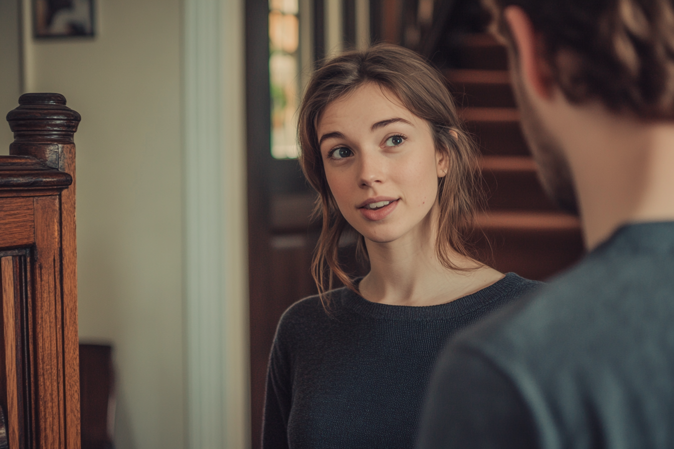 A woman answering her front door | Source: Midjourney