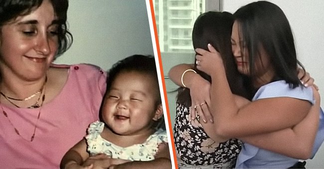 An infant with her adoptive mother [left]; Twin sisters meet for the first time in 36 years [right] | Source: youtube.com/Good Morning America 