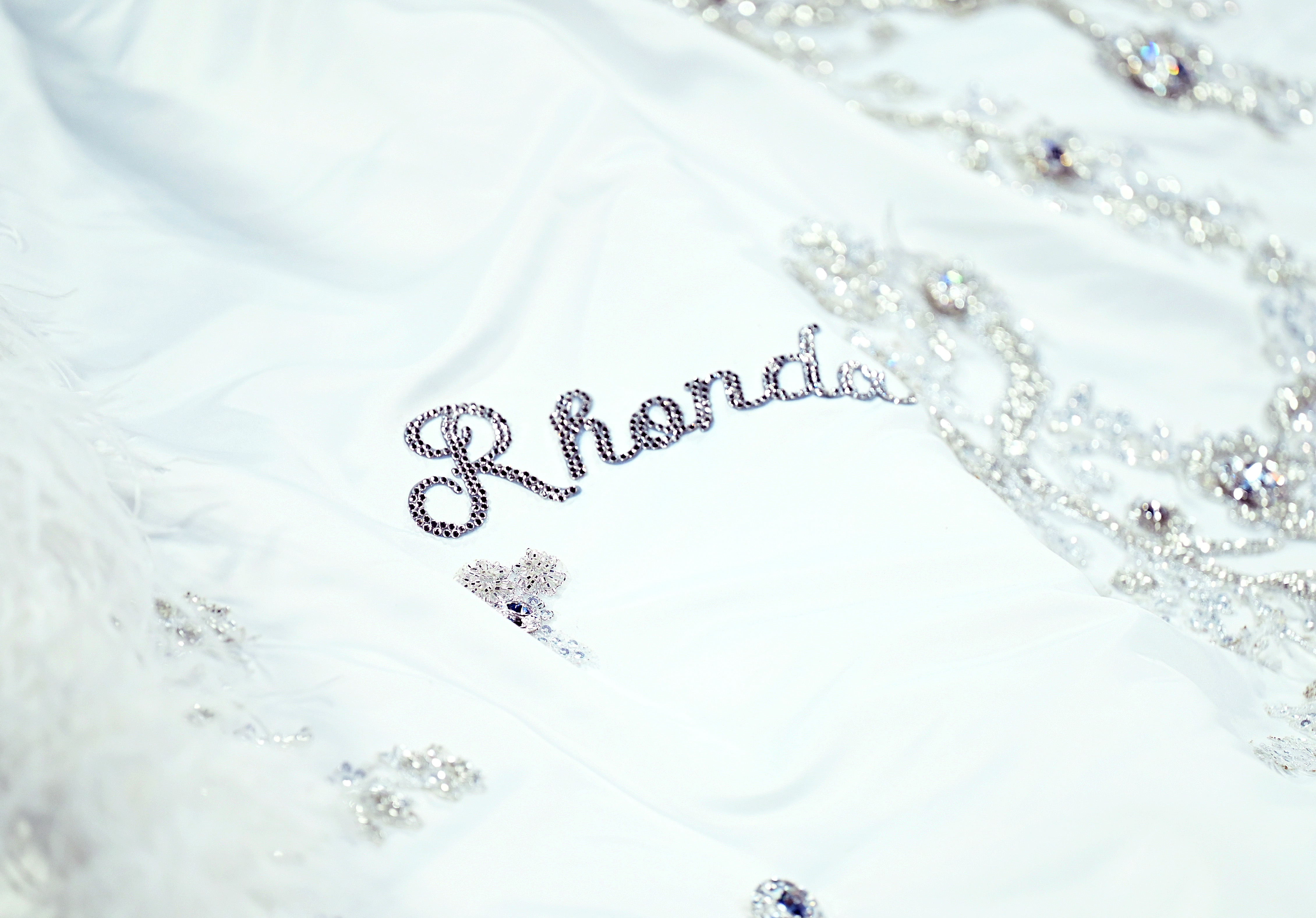 A close-up shot of the train draws attention to the exquisite embroidery, with the name “Rhonda” clearly visible among the intricate detailing. The rest of the names, those of her children and grandchildren, peek through softly, offering fleeting glimpses that add to the gown's heartfelt design.