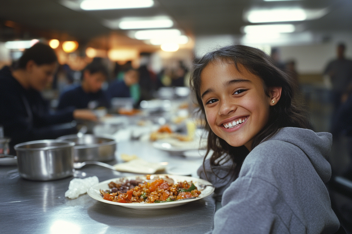 A smiling teen at a soup kitchen | Source: Midjourney