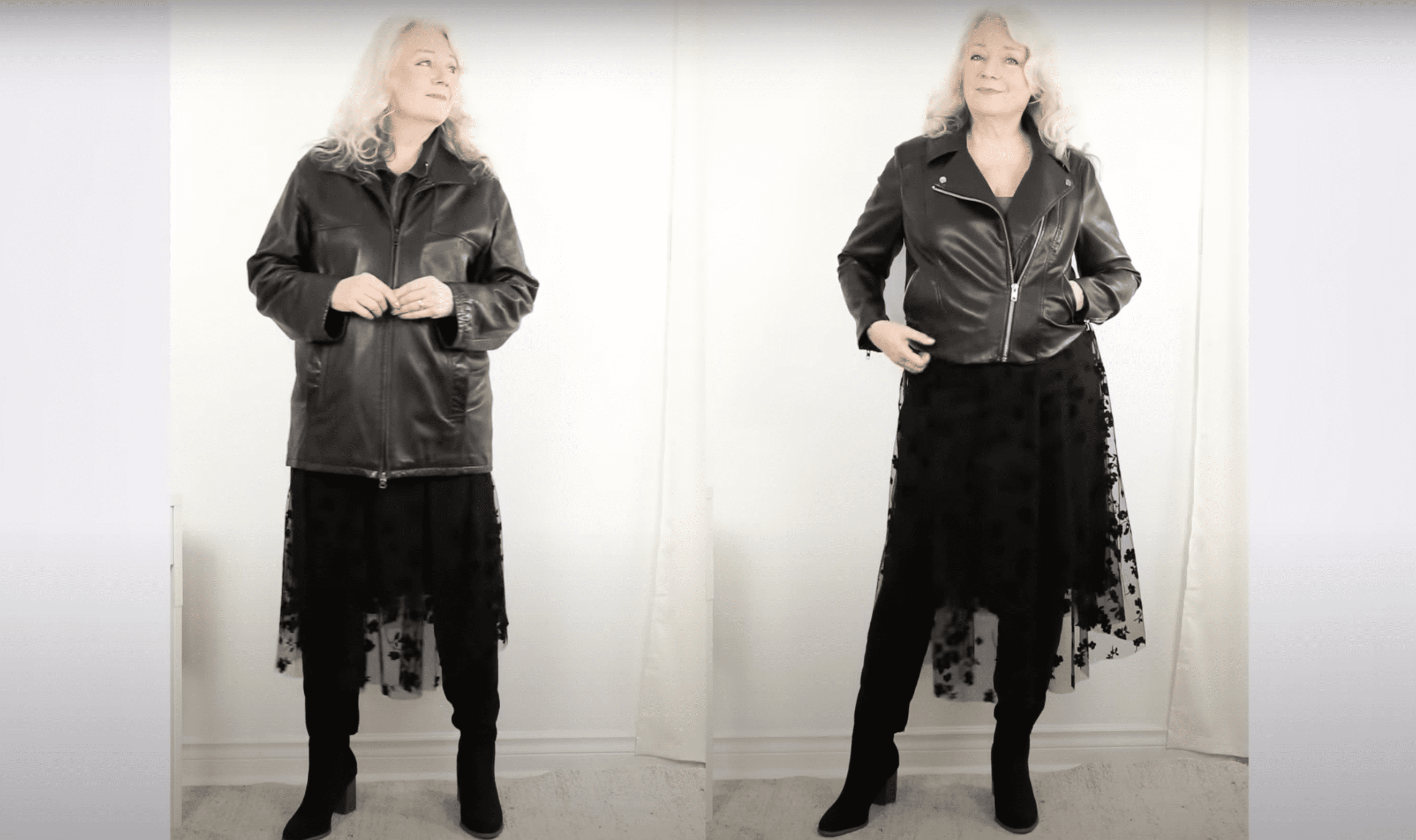 Heather portant une vieille veste en cuir vs elle portant une nouvelle veste en similicuir à l'allure moderne | Source : YouTube.com/Awesomeover50