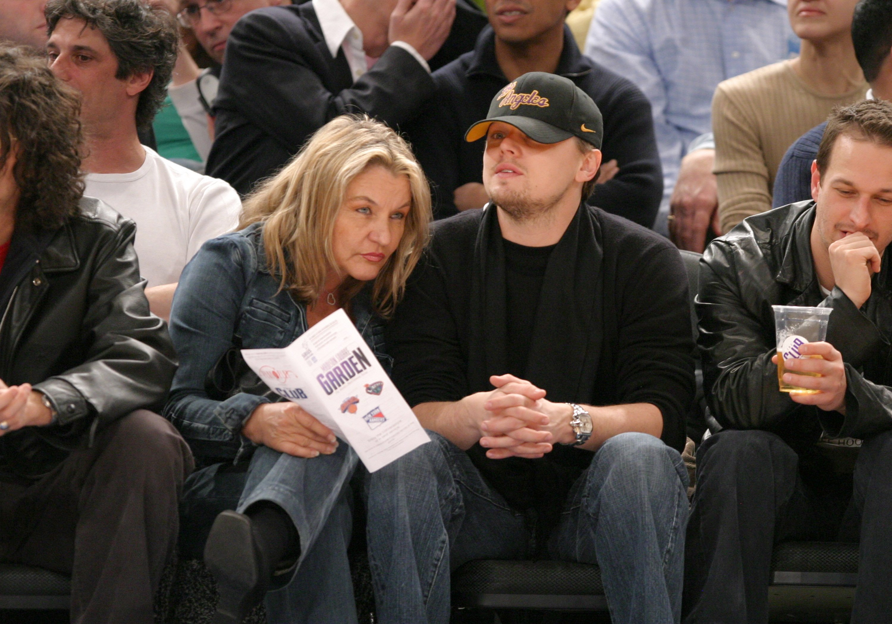 Leonardo DiCaprio with his mother at the New Jersey Nets vs. New York Knicks Game | Source: Getty Images