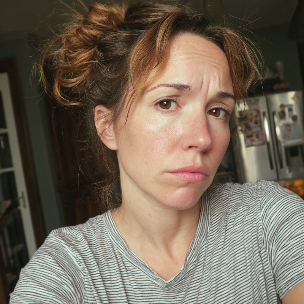 An exhausted woman with a messy bun | Source: Midjourney