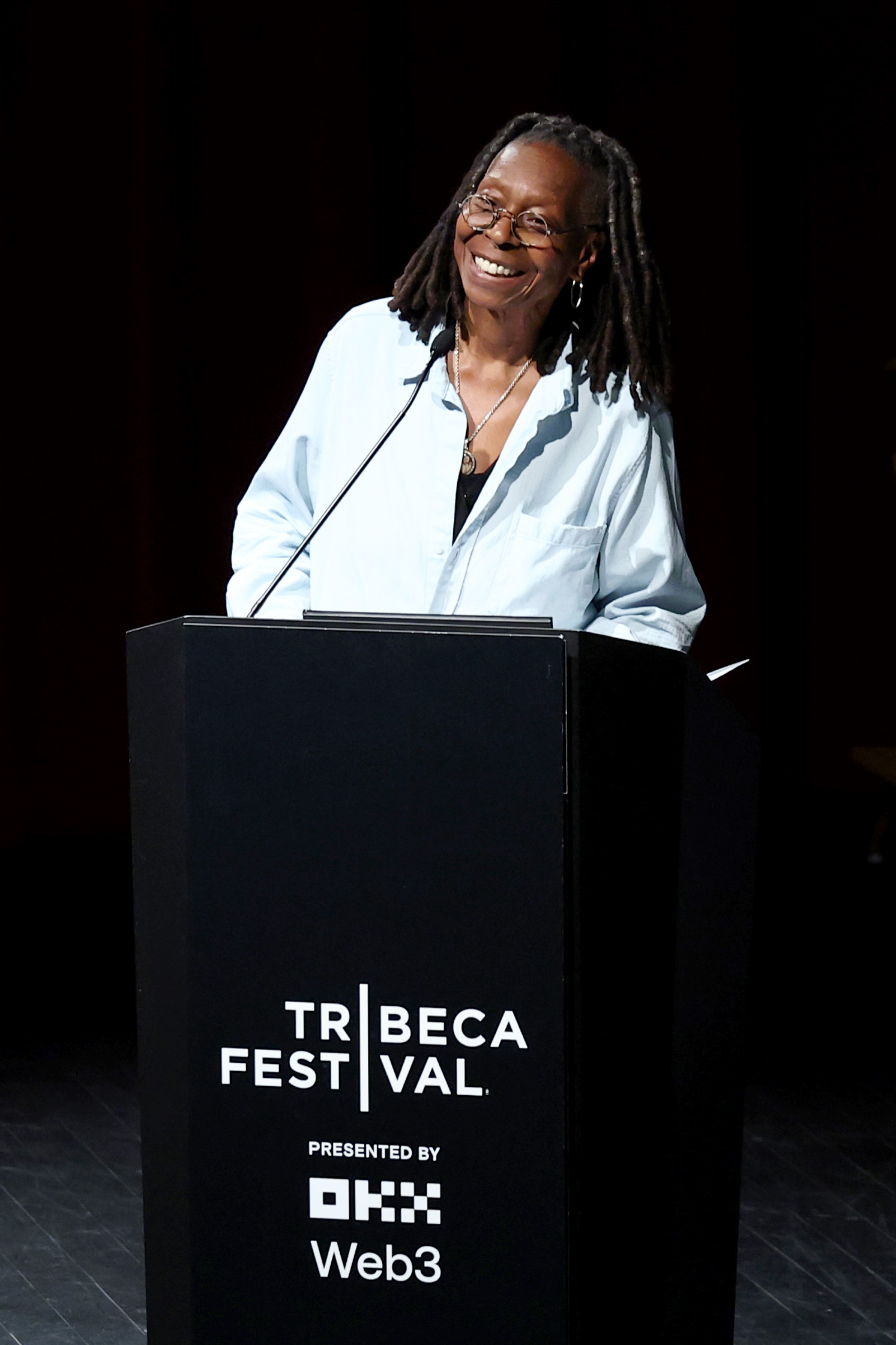 Whoopi Goldberg onstage during Storytellers - Congresswoman Jasmine Crockett during the 2025 Tribeca Festival at SVA Theater on June 13 in New York. | Source: Getty Images