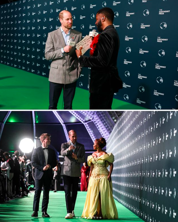 Photo one: Prince William speaking to a journalist at the Earthshot Awards. Photo two: Prince William speaking with Robert Irwin and Nomzamo Mbatha, posted on November 7, 2024 | Source: Instagram/princeandprincessofwales and earthshotprize