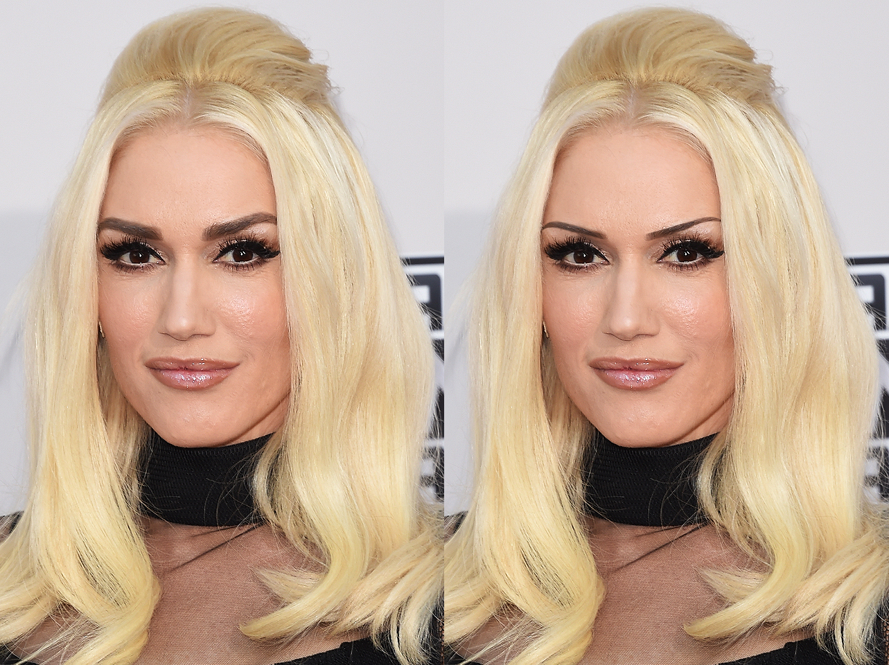 Gwen Stefani's signature brows from 2015 vs digitally edited thin-brow look | Source: Getty Images