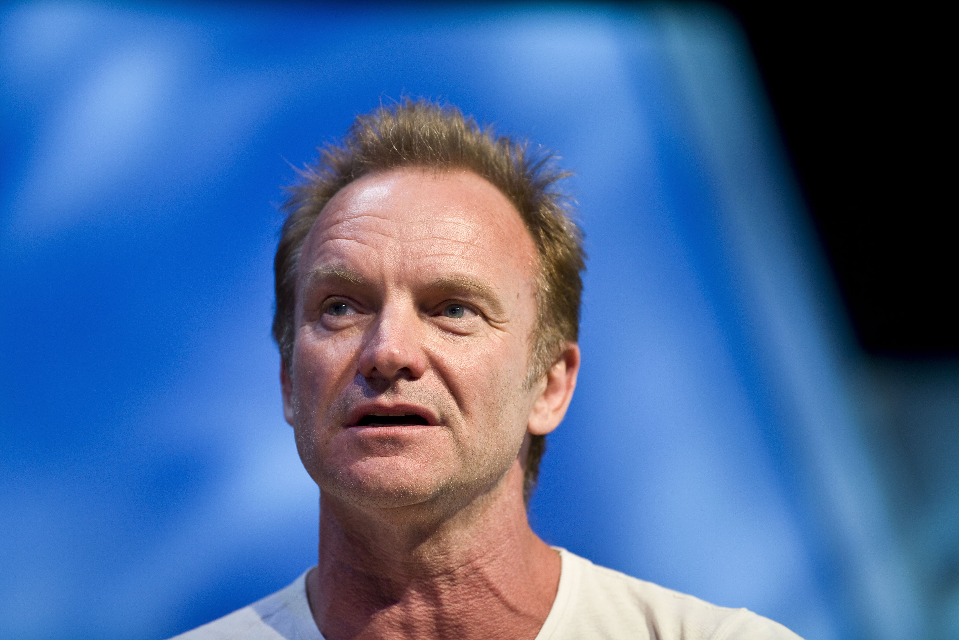 Sting on stage at the Hay festival, talking about his work on the film "Twin Spirits" in Hay-on-Wye, Wales on May 31, 2009. | Source: Getty Images